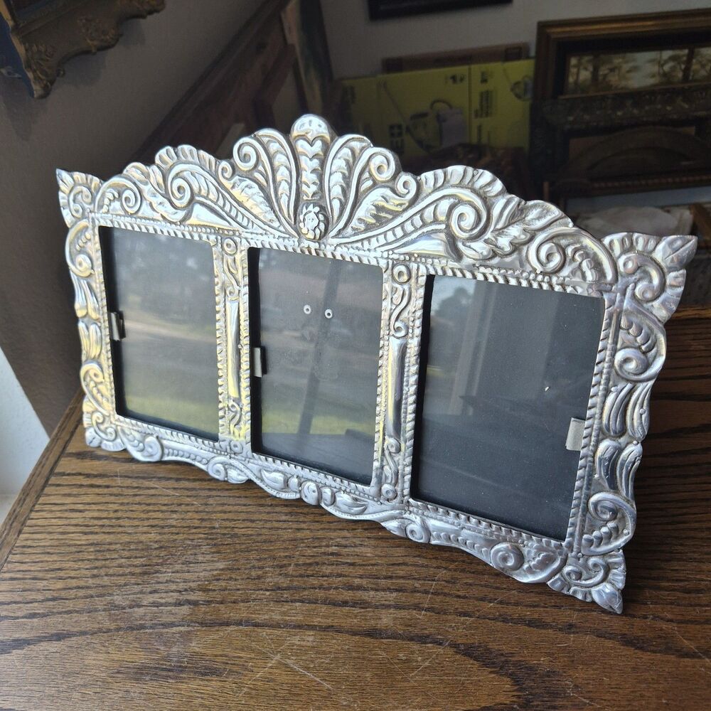 Handcrafted Mexian Pewter Triple Triptych Photo Picture Frame Folk Art 15.5 x 10